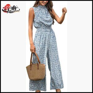 Floral Maxi Jumpsuit with Pocket Mock Neck Elastic Waist Wide Leg